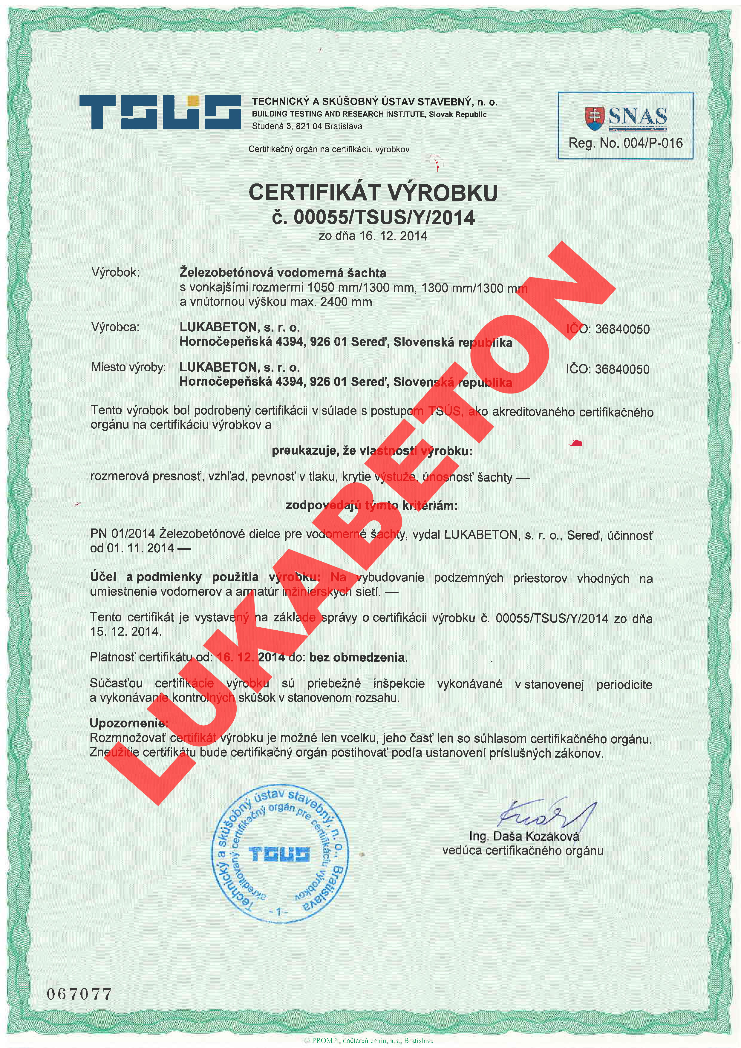 Lkabeton certifikát vodomerná šachta